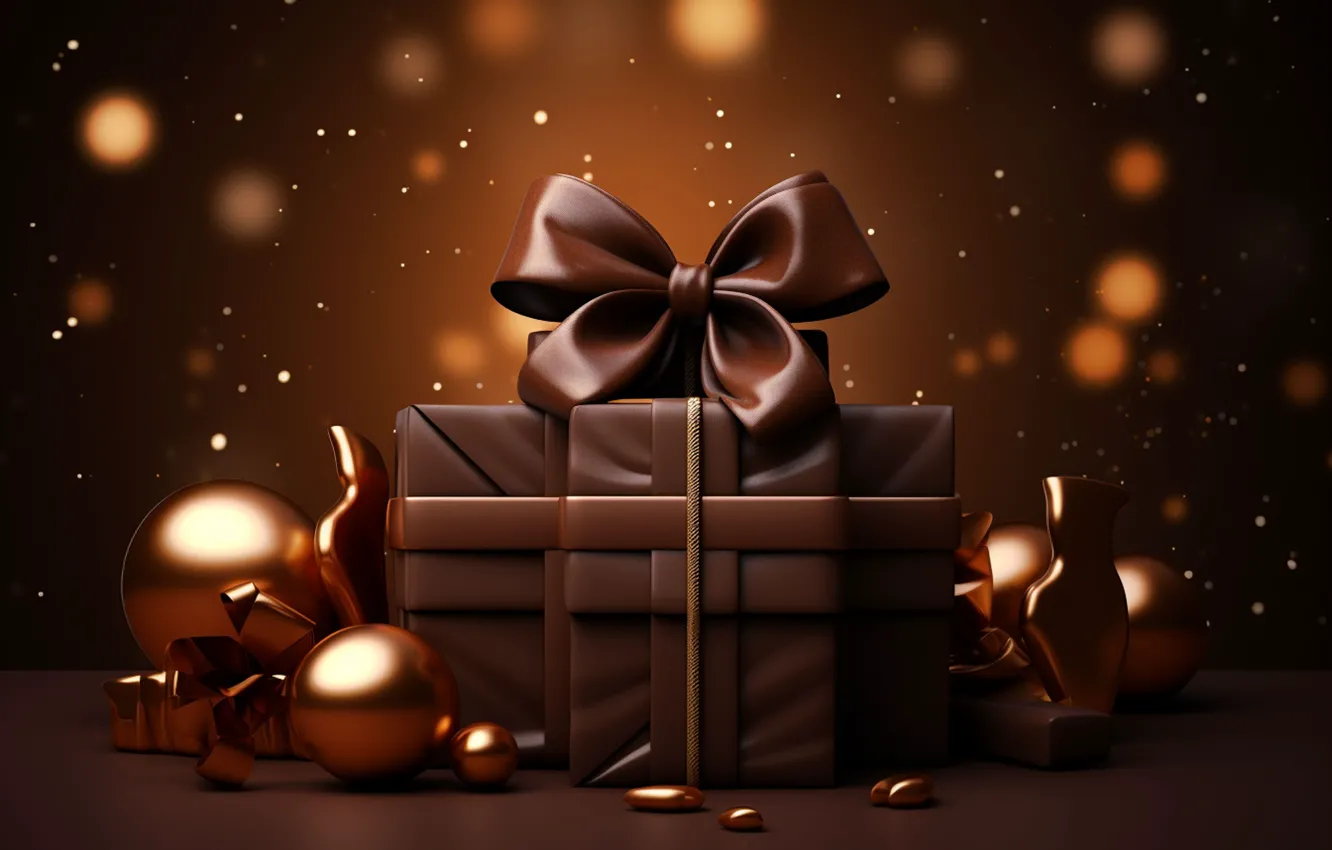 Photo wallpaper balls, the dark background, gift, new year, chocolate, Christmas, gold, gold plated