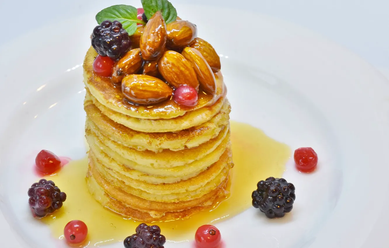 Photo wallpaper berries, honey, nuts, pancakes