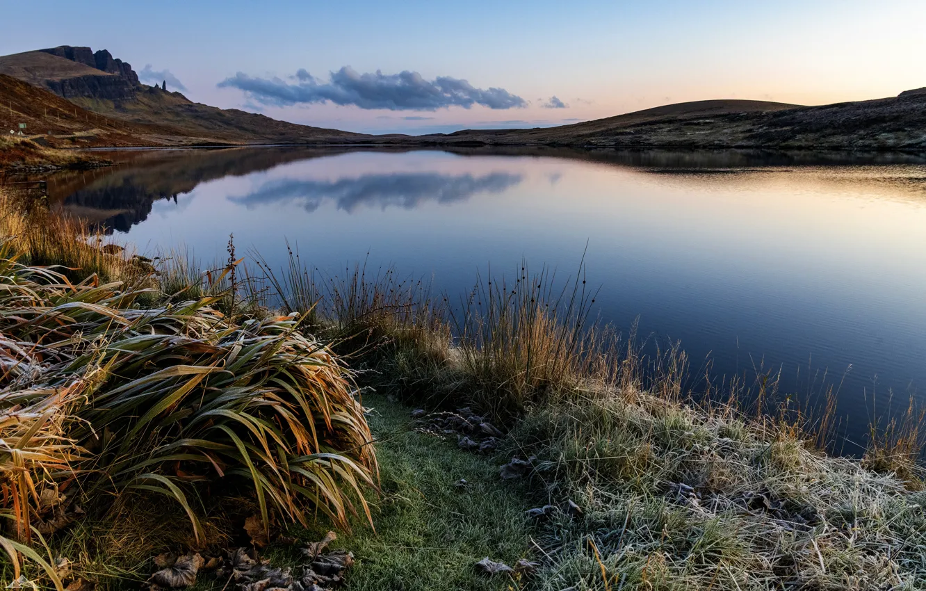 Photo wallpaper frost, grass, landscape, mountains, nature, lake, hills, Scotland