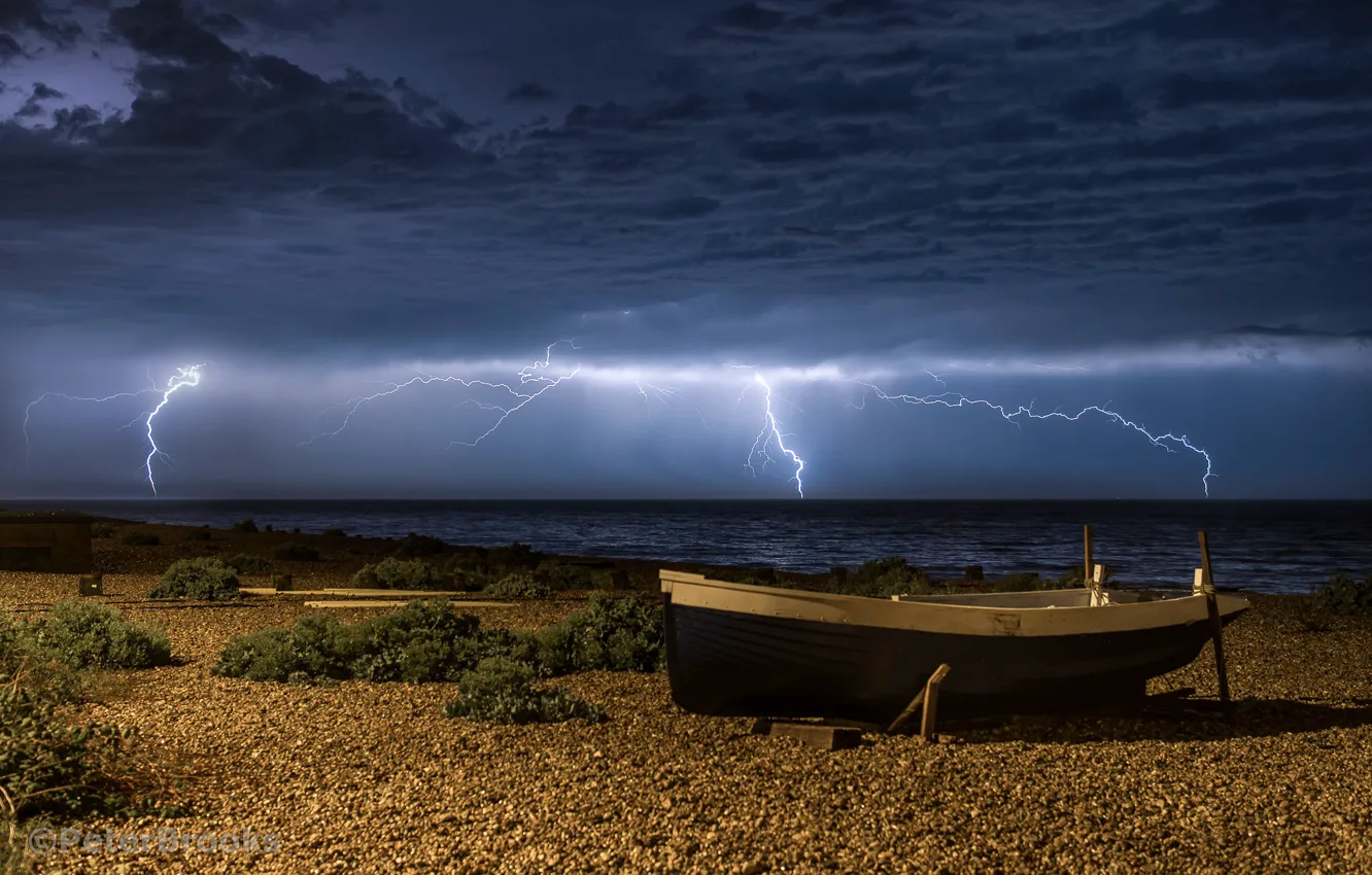 Photo wallpaper sea, the storm, beach, the sky, clouds, coast, lightning, boat