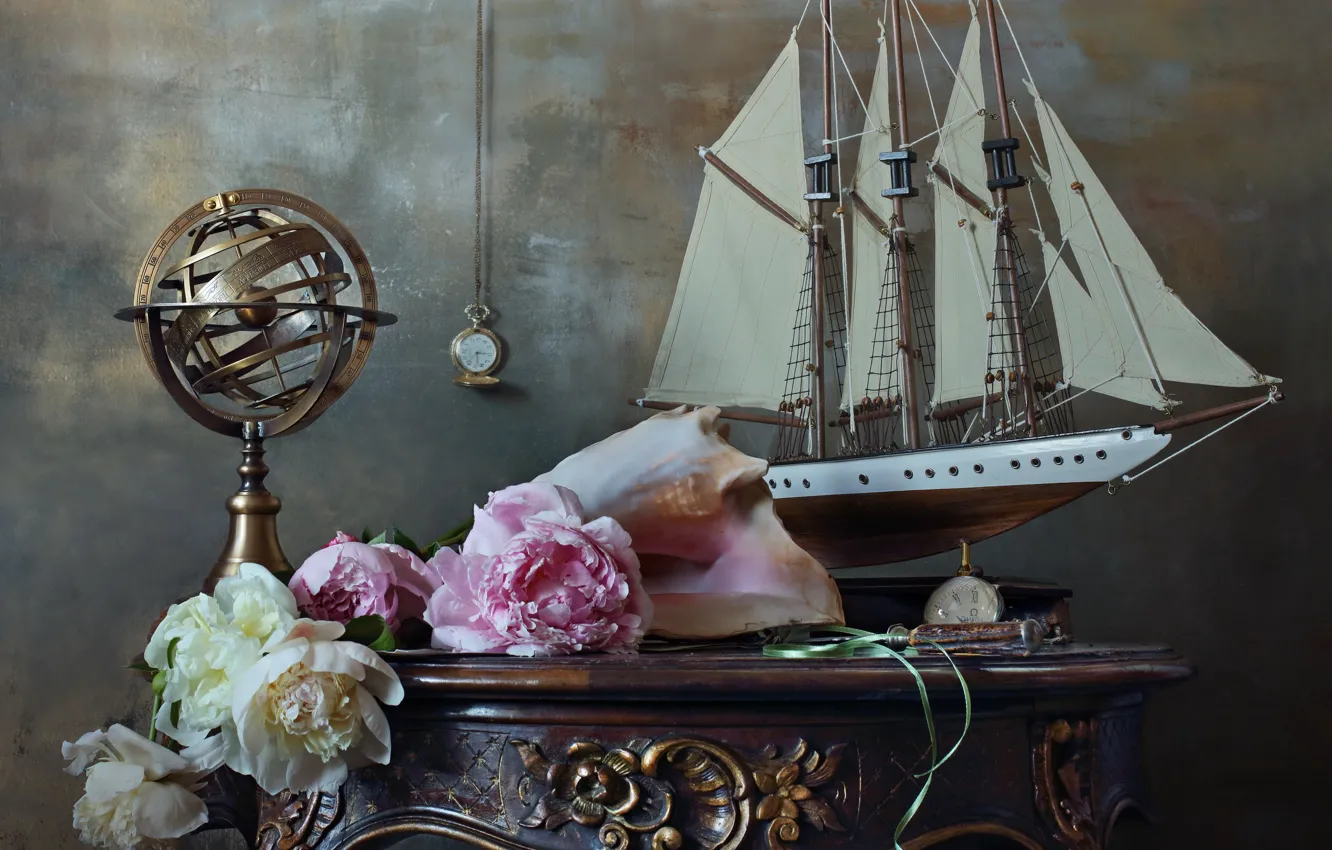 Photo wallpaper flowers, watch, sailboat, sink, still life, table, peonies, Andrey Morozov