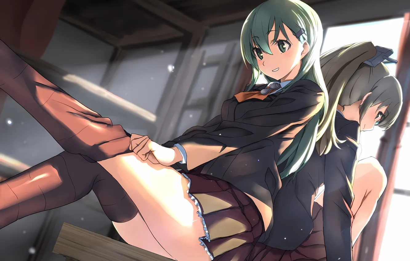 Photo wallpaper sexy, school uniform, thighhighs, green eyes, long hair, legs, girls, anime