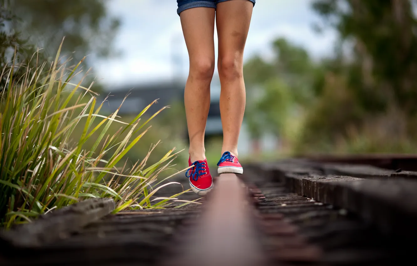 Photo wallpaper girl, feet, railroad