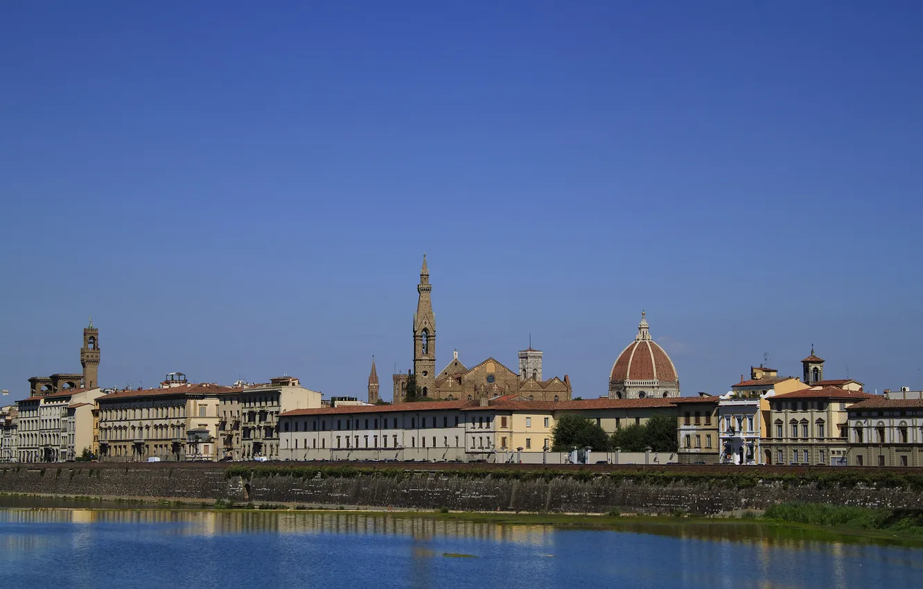 Photo wallpaper the sky, landscape, home, Italy, Florence, Duomo, the Arno river, the Cathedral of Santa Maria …