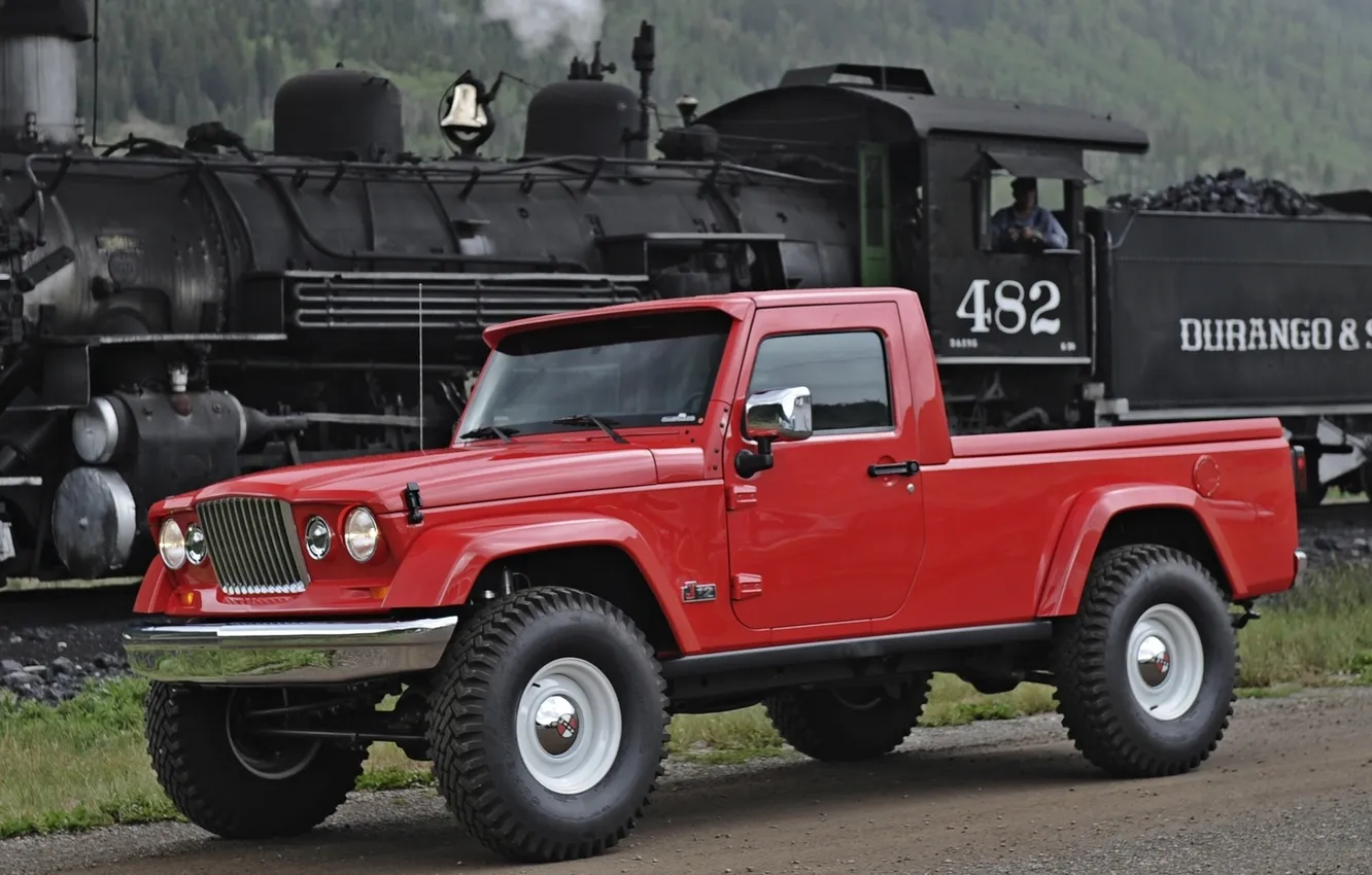 Photo wallpaper Concept, mountains, red, jeep, the concept, pickup, the front, paravoz