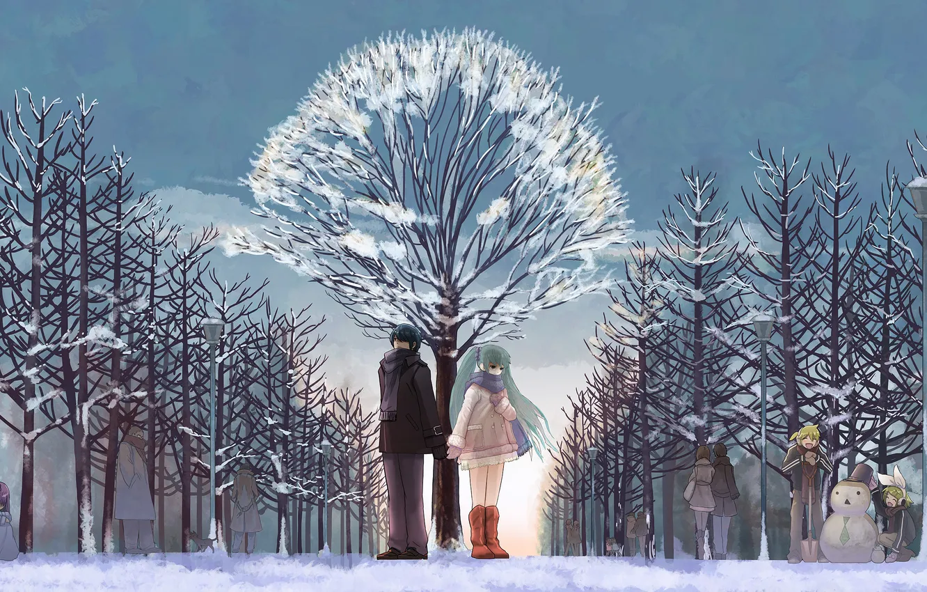 Photo wallpaper winter, girl, clouds, snow, trees, children, Park, people