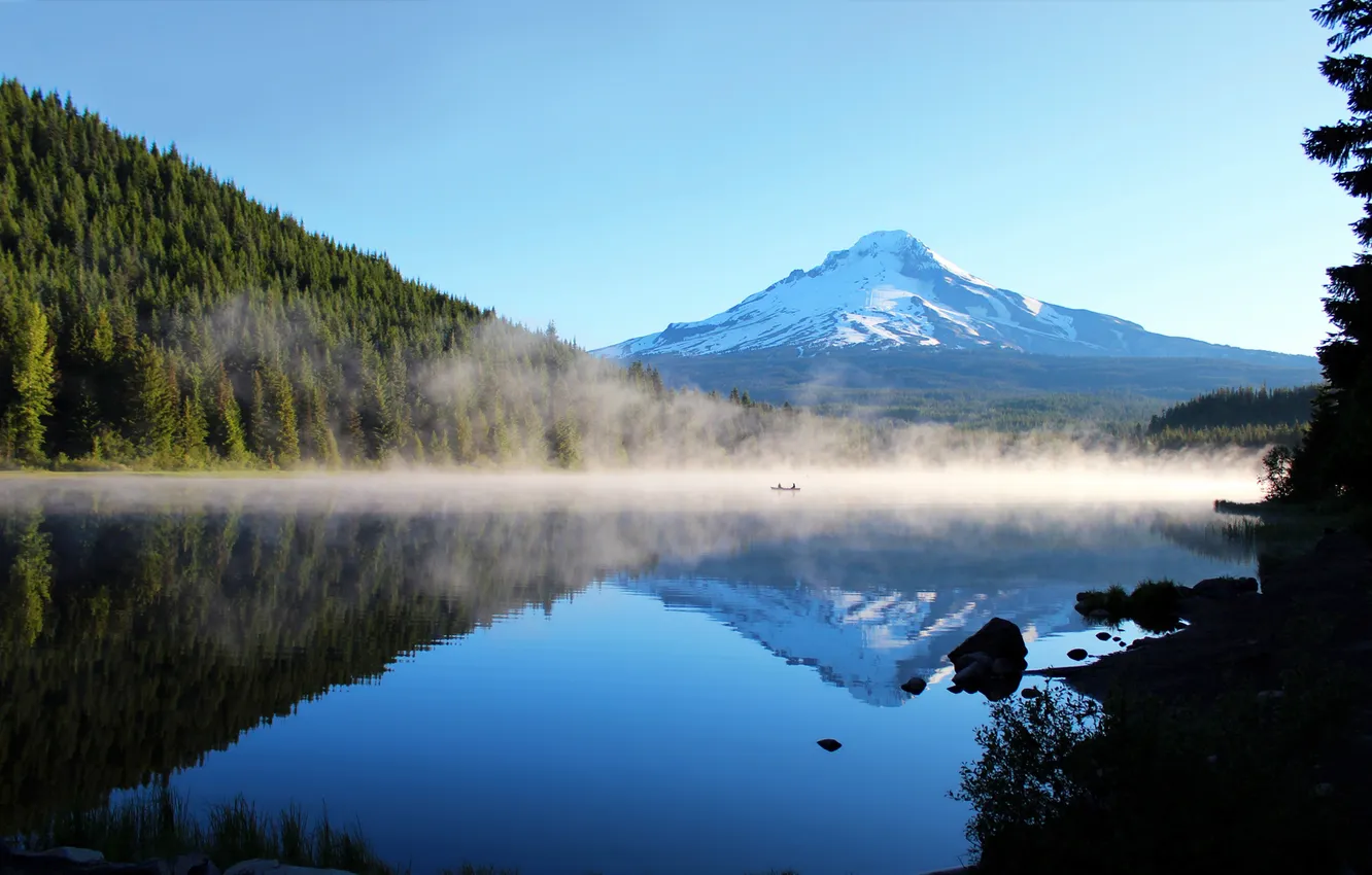 Photo wallpaper forest, landscape, mountains, lake, reflection, boat, haze