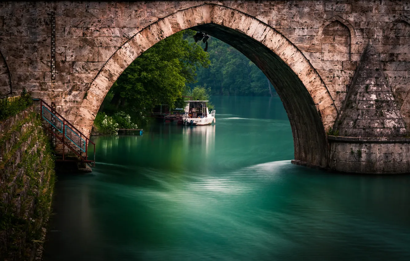 Photo wallpaper bridge, nature, river, boat