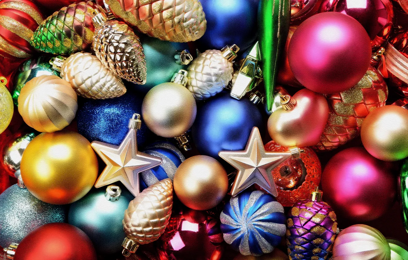 Photo wallpaper decoration, balls, star, New year, Christmas, colorful, bumps, New Year