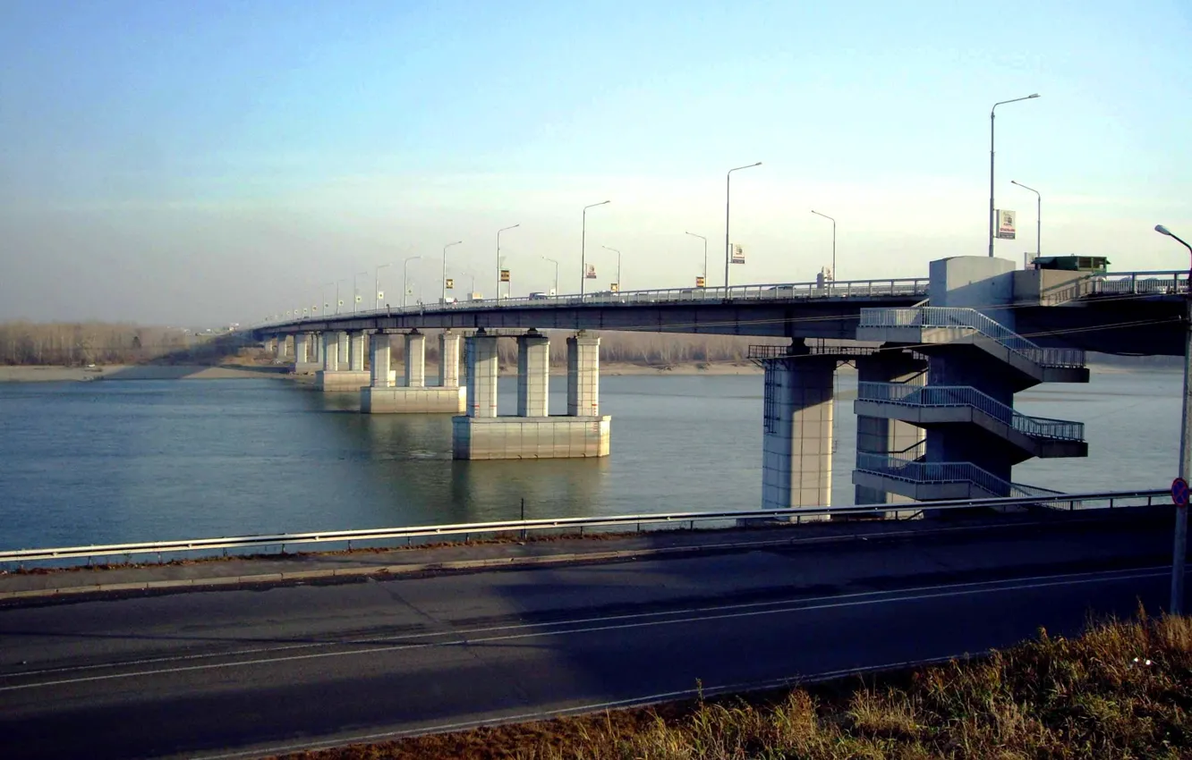 Photo wallpaper Road, The city, River, Support, Barnaul, The new bridge, Ob