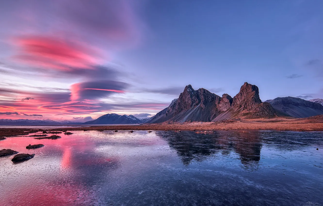Photo wallpaper clouds, mountains, blue, shore, morning, pond