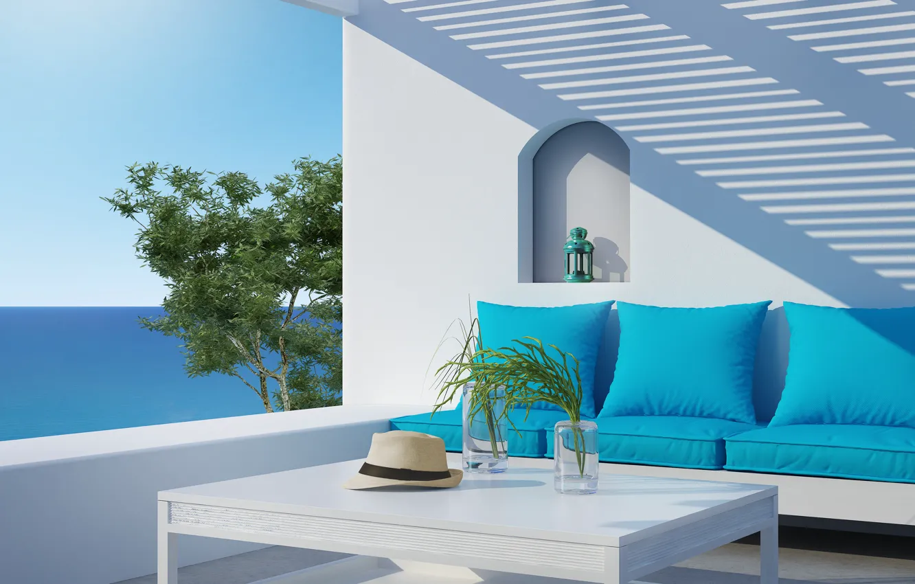 Photo wallpaper sea, the sun, table, sofa, tree, Villa, interior, hat. shadow