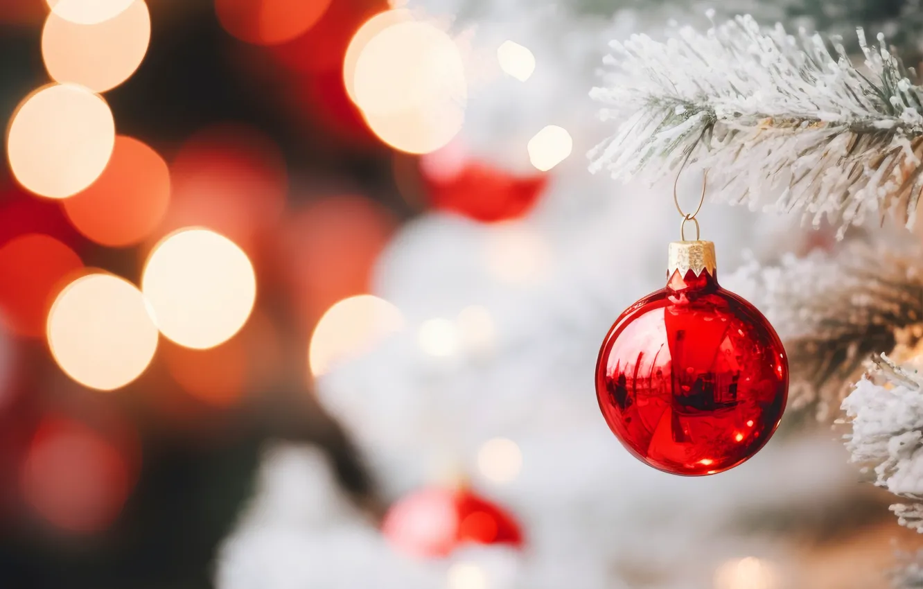 Photo wallpaper frost, balls, branches, red, lights, holiday, balls, new year