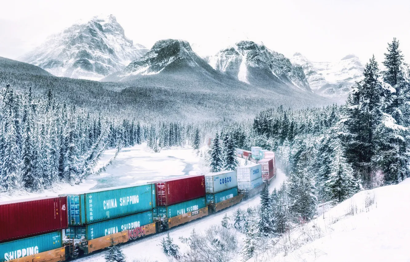 Photo wallpaper winter, forest, snow, mountains, train, Canada