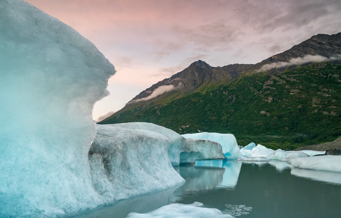 Photo wallpaper ice, mountains, shore, glacier, iceberg, pond