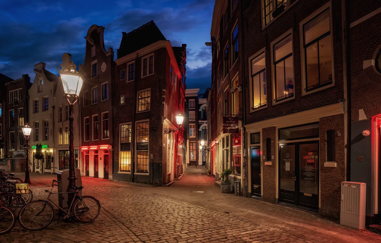 Photo wallpaper night, the city, street, home, lighting, Amsterdam, lights, Netherlands