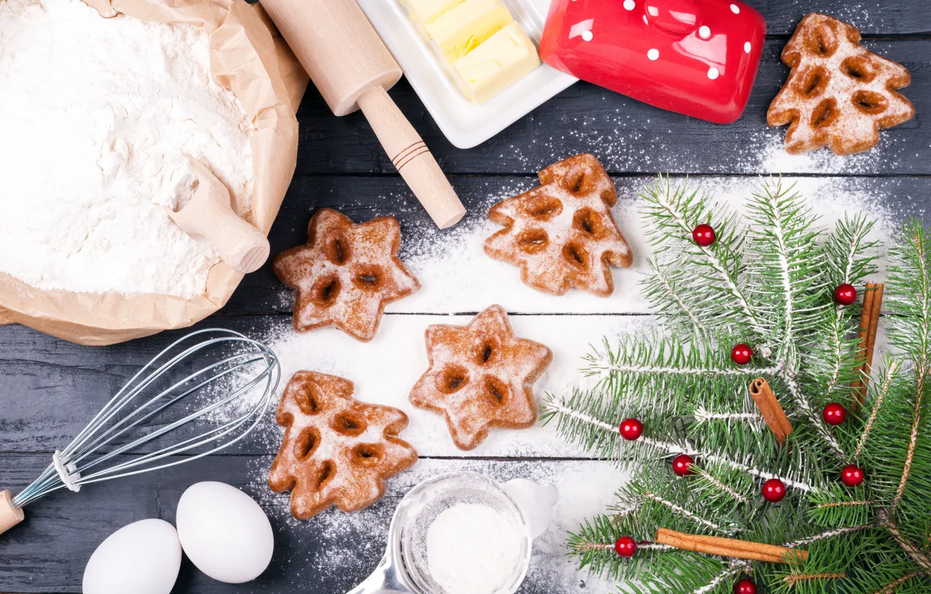 Photo wallpaper holiday, new year, eggs, cookies, flour, treat