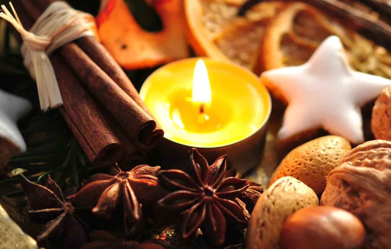 Photo wallpaper holiday, new year, food, candle, cookies, sweets, the scenery, nuts