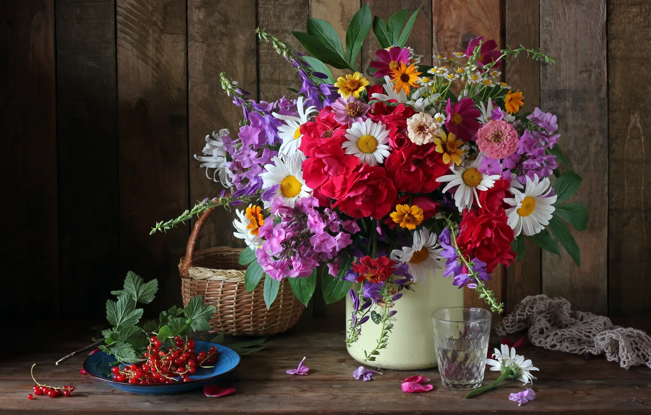 Photo wallpaper autumn, flowers, berries, bouquet, colorful, still life, currants, flowers