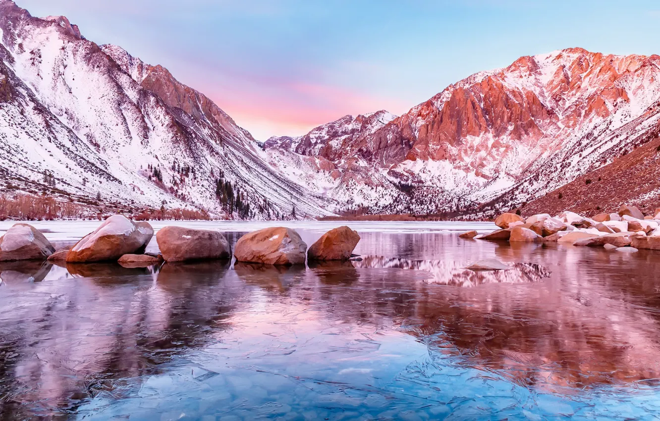 Photo wallpaper winter, mountains, lake
