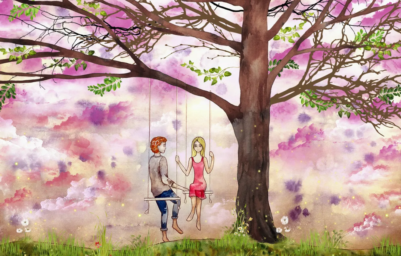 Photo wallpaper swing, tree, figure, pair