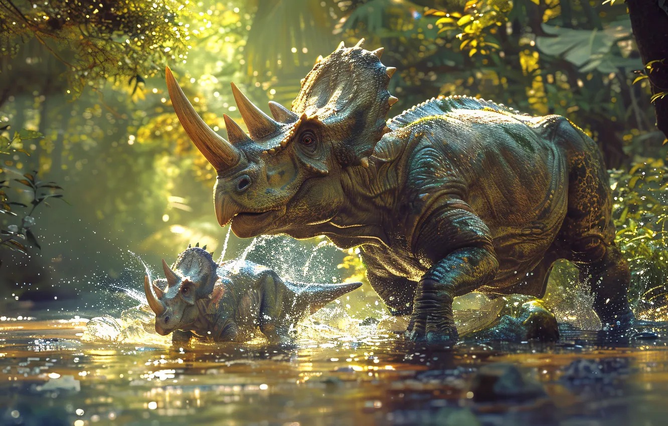 Photo wallpaper water, trees, animal, dinosaur, horns, cub, two, Triceratops