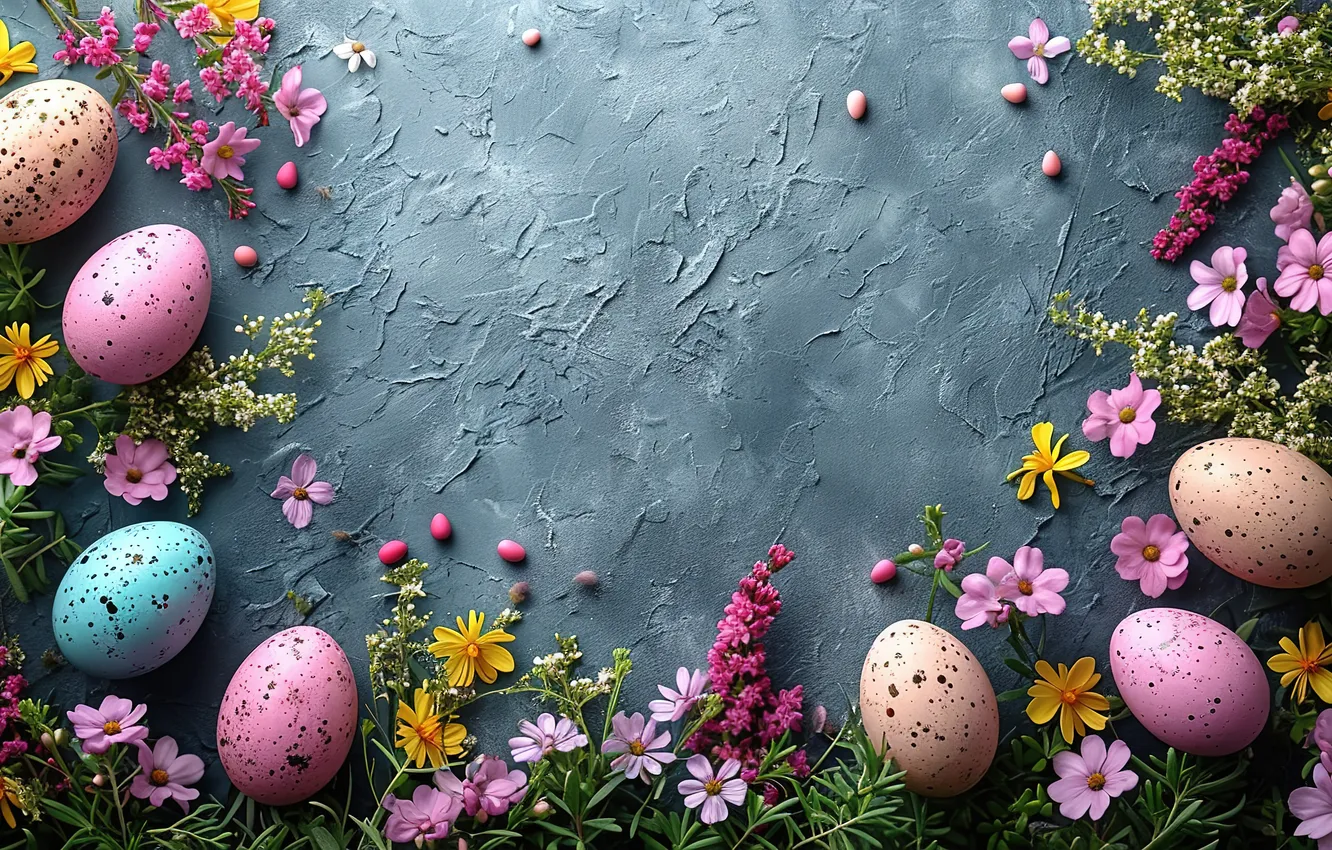 Photo wallpaper flowers, eggs, spring, colorful, Easter, pink, flowers, spring