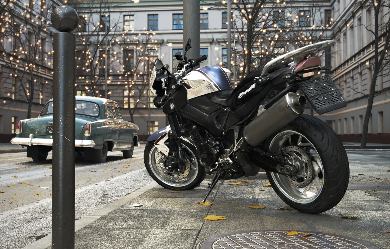 Photo wallpaper street, motorcycle, car, Luke, columns