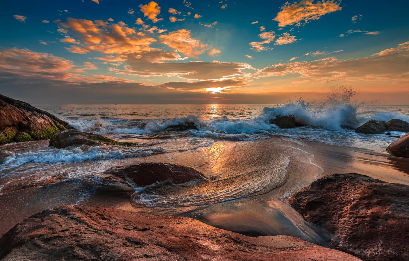 Photo wallpaper wave, sunset, the ocean, rocks, shore