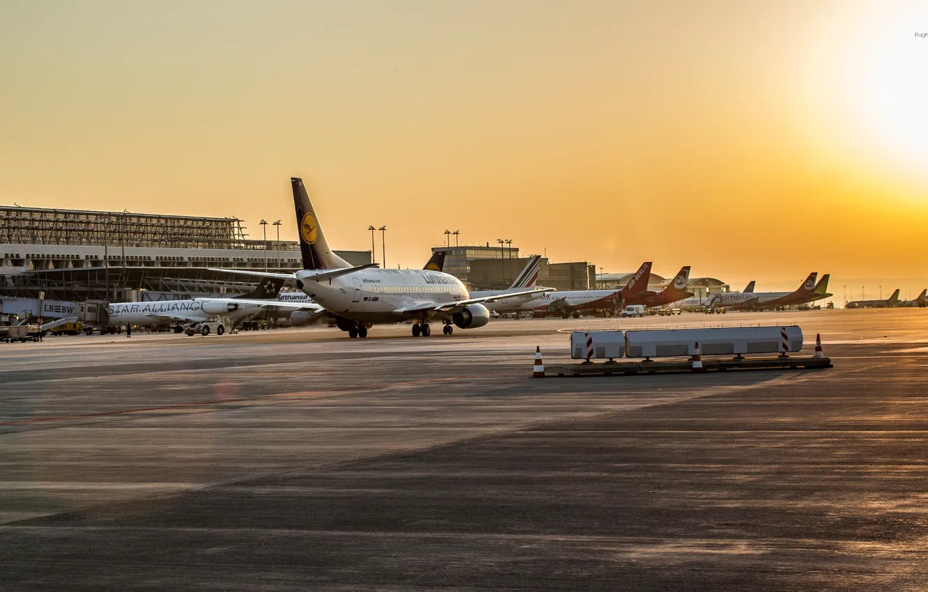 Photo wallpaper Sunset, Sunrise, Airport, Boeing, The plane, Passenger, 737