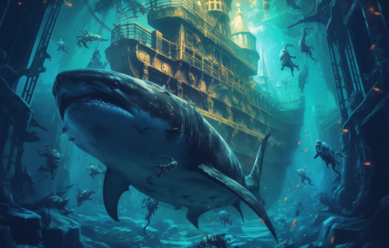 Photo wallpaper ship, building, predator, shark, underwater world, digital art, AI art, The Art of Artificial Intelligence