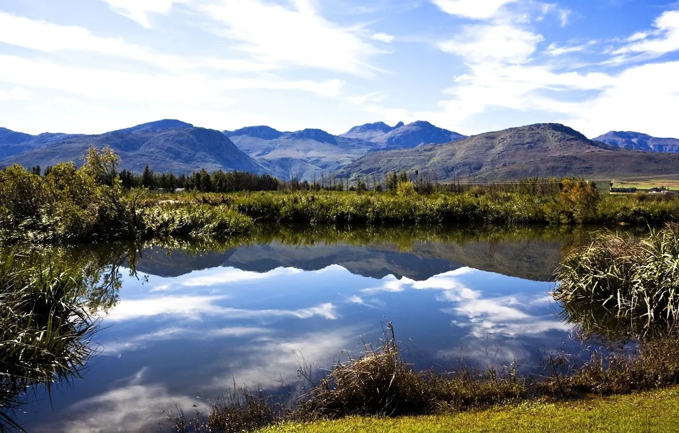 Photo wallpaper the sky, mountains, nature, pond