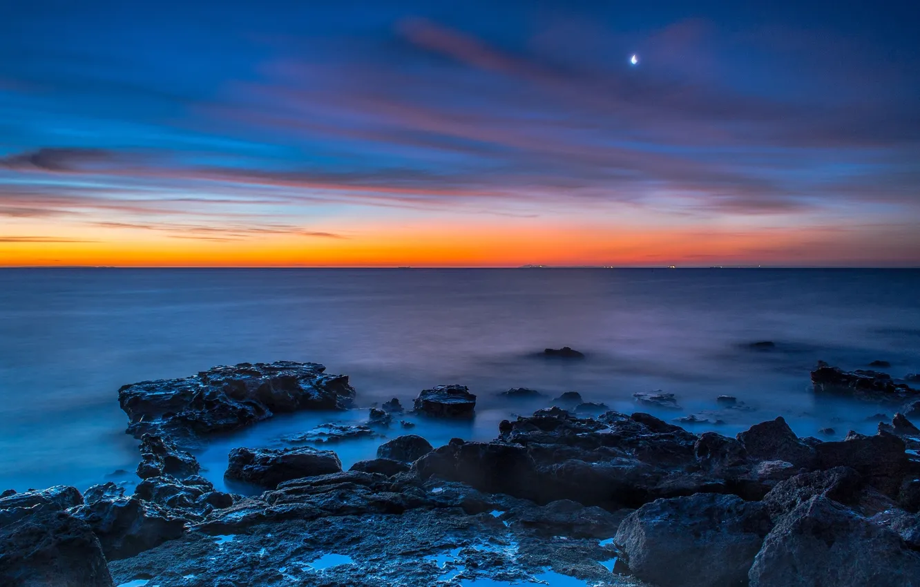 Photo wallpaper sea, the sky, sunset, stones, the moon, sunset