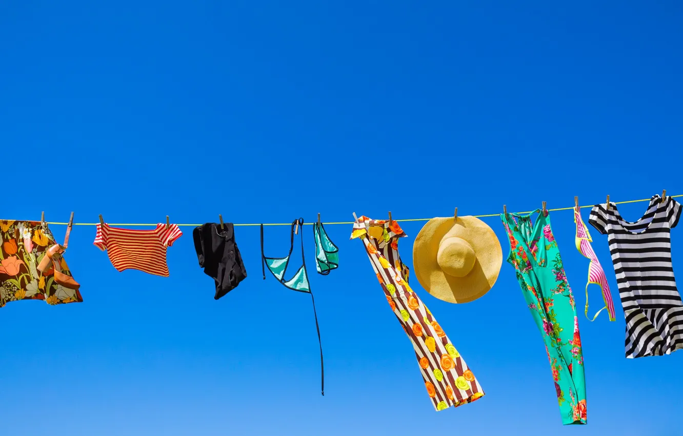Photo wallpaper sky, clothes, sunny, clothes line
