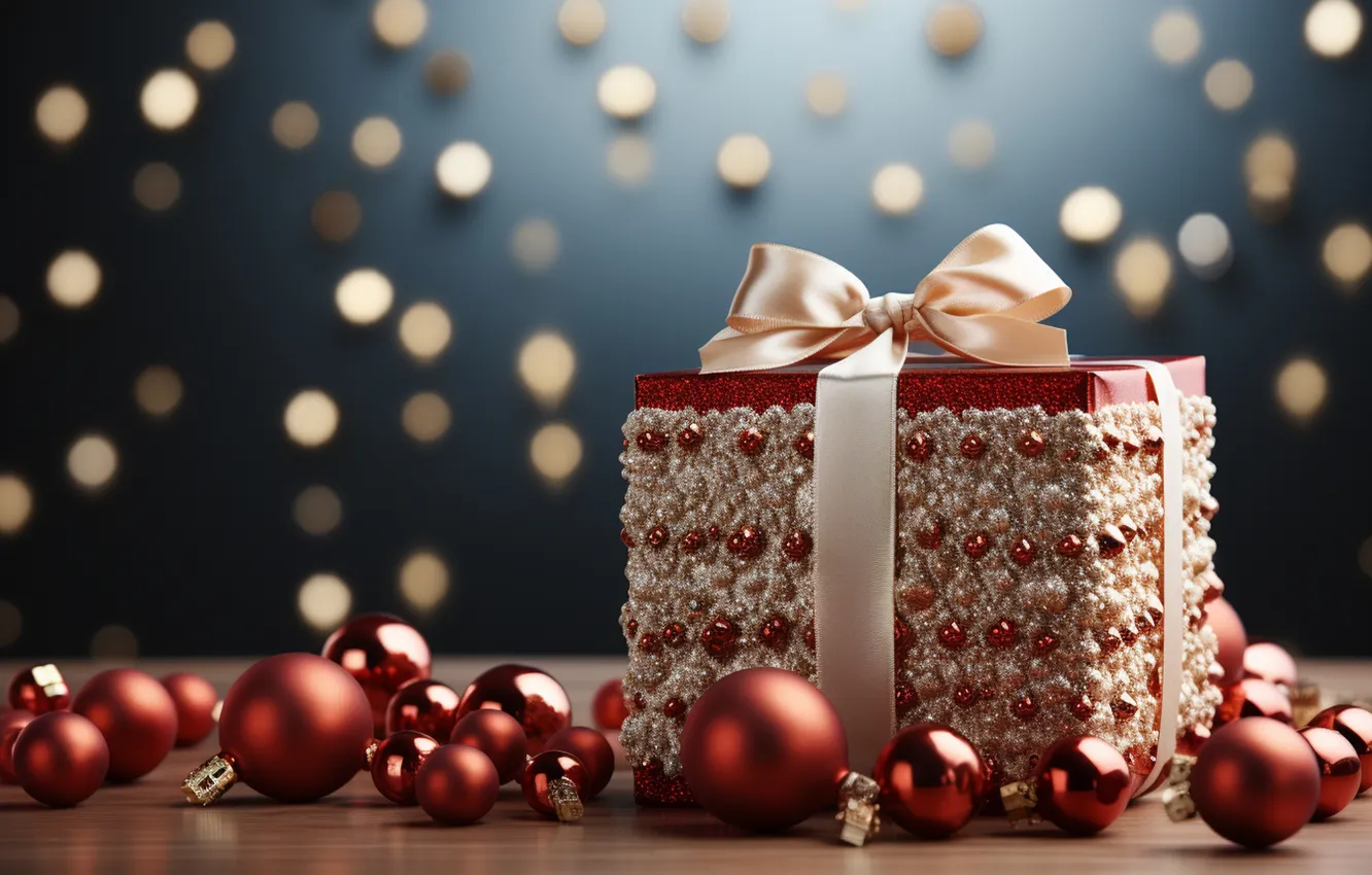 Photo wallpaper gift, balls, new year, Christmas, Christmas, balls, decoration, gift box