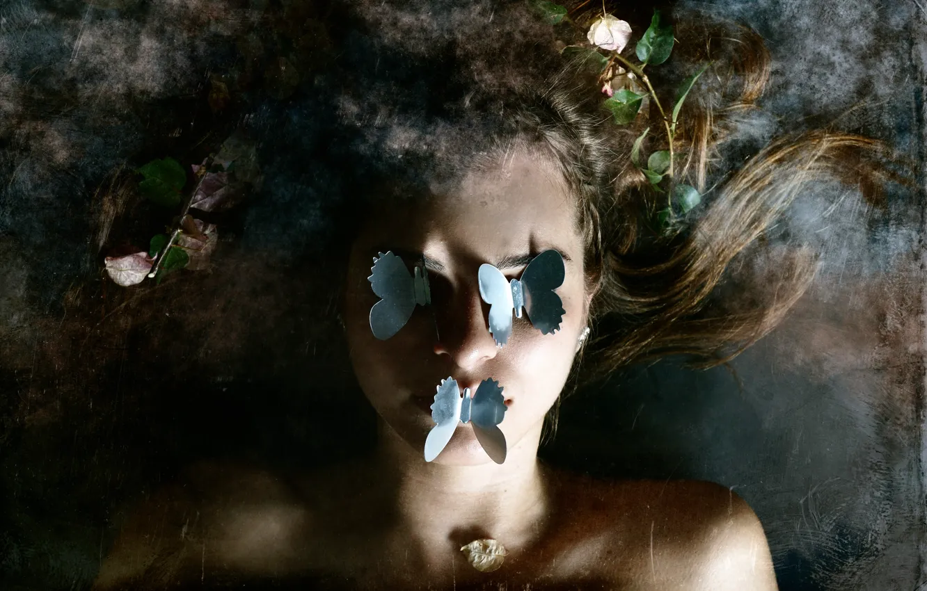 Photo wallpaper leaves, girl, butterfly