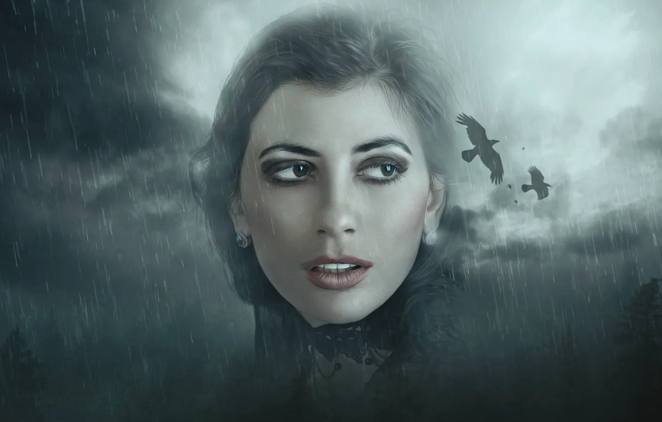 Photo wallpaper the sky, look, girl, clouds, face, rendering, rain, Gothic