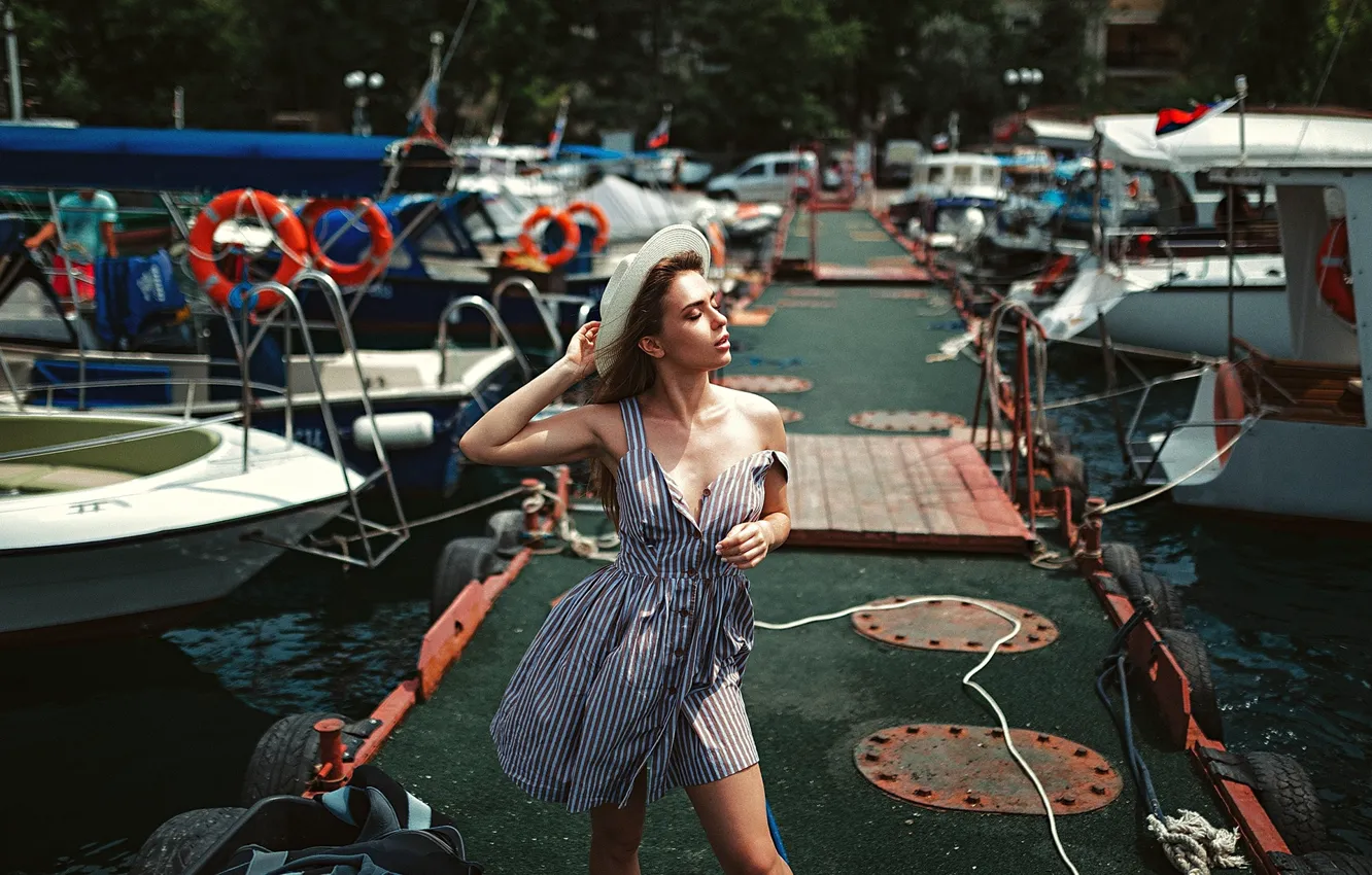 Photo wallpaper girl, pose, yachts, pier, hat, sundress, closed eyes, Gregory Levin, Polina Azarov