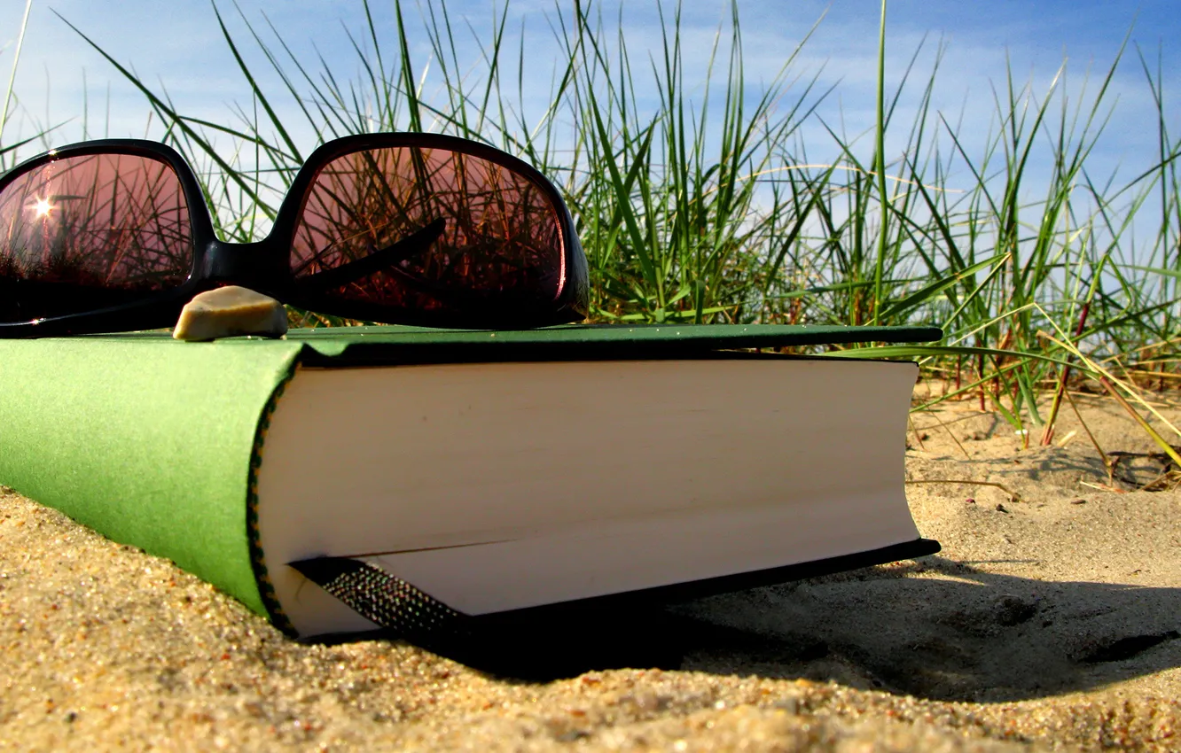 Photo wallpaper sand, summer, grass, stay, glasses, book, bookmark
