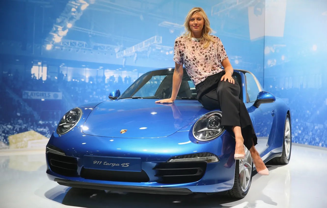 Photo wallpaper smile, background, blue, blonde, beauty, exhibition, convertible, Maria Sharapova