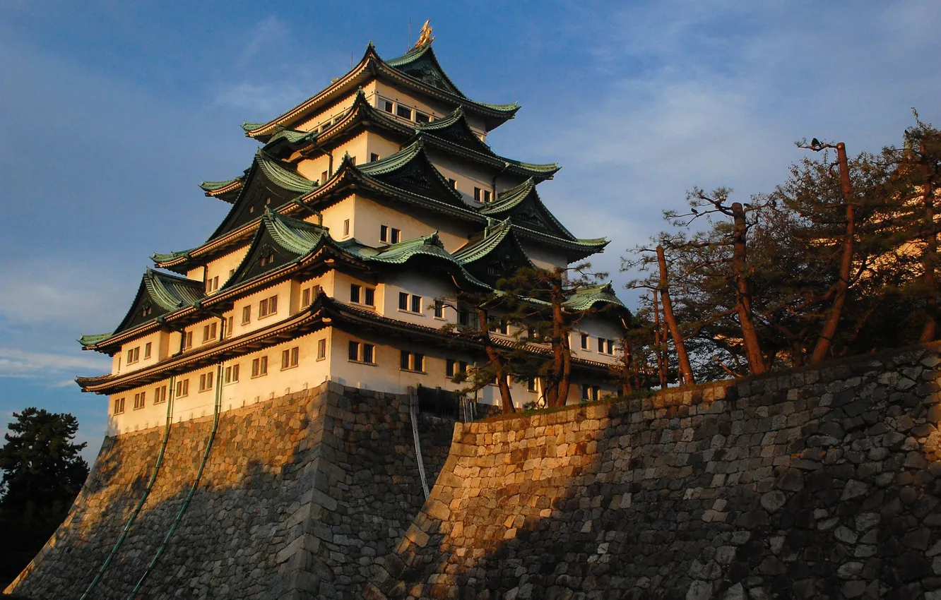 Photo wallpaper the sky, clouds, trees, landscape, castle, plants, Japan, Japan