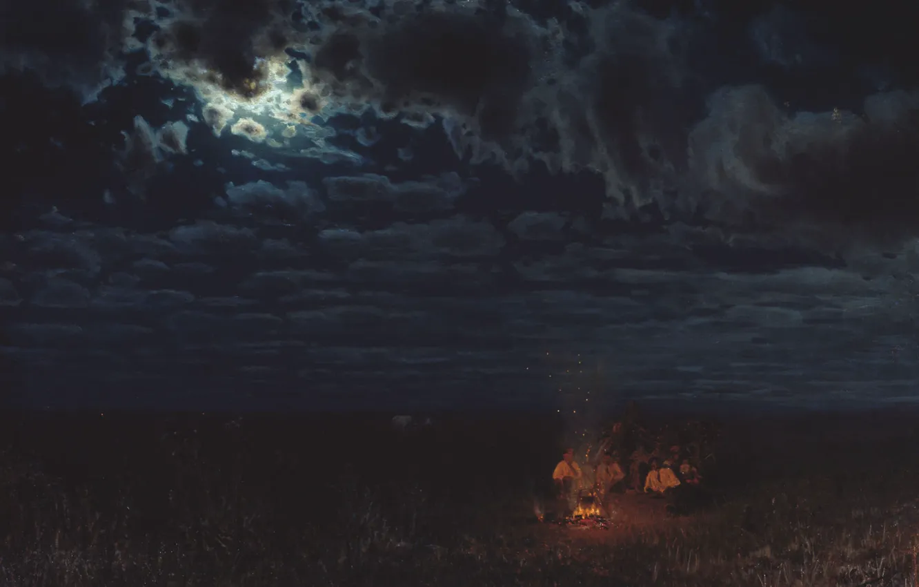 Photo wallpaper clouds, fire, oil, moonlight, Canvas, the fire, Nikolai SERGEYEV, Night in the desert