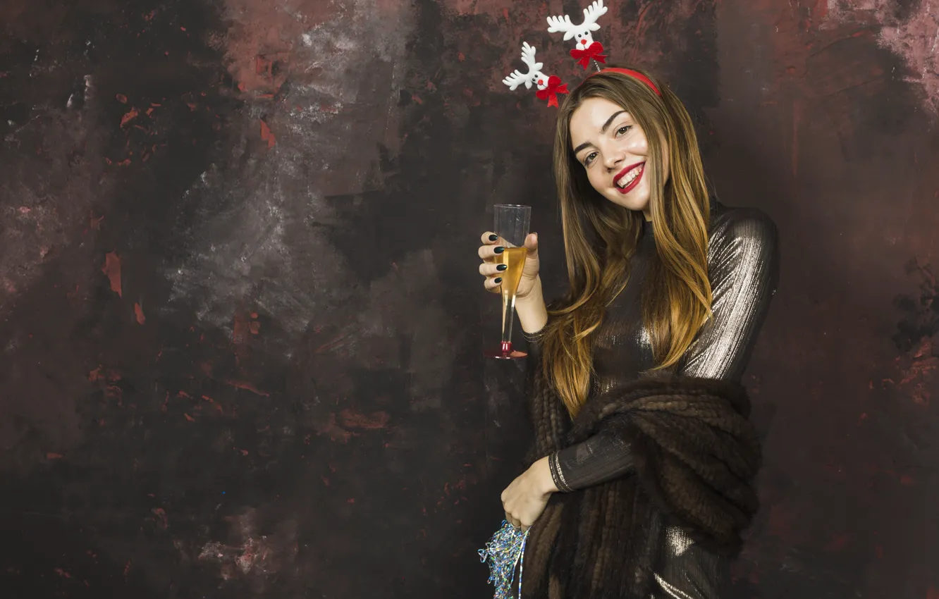 Photo wallpaper girl, pose, smile, wine, glass, new year, positive, deer