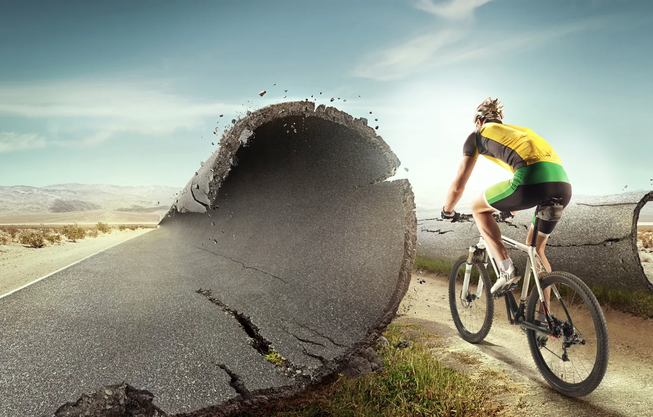 Photo wallpaper road, asphalt, landscape, bike, desert, shorts, highway, t-shirt
