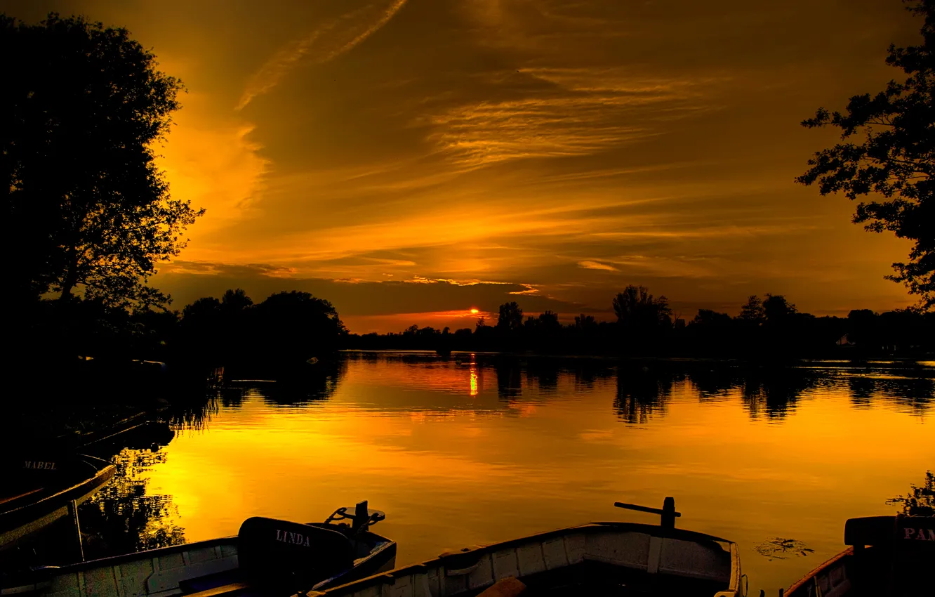 Photo wallpaper the sky, clouds, sunset, river