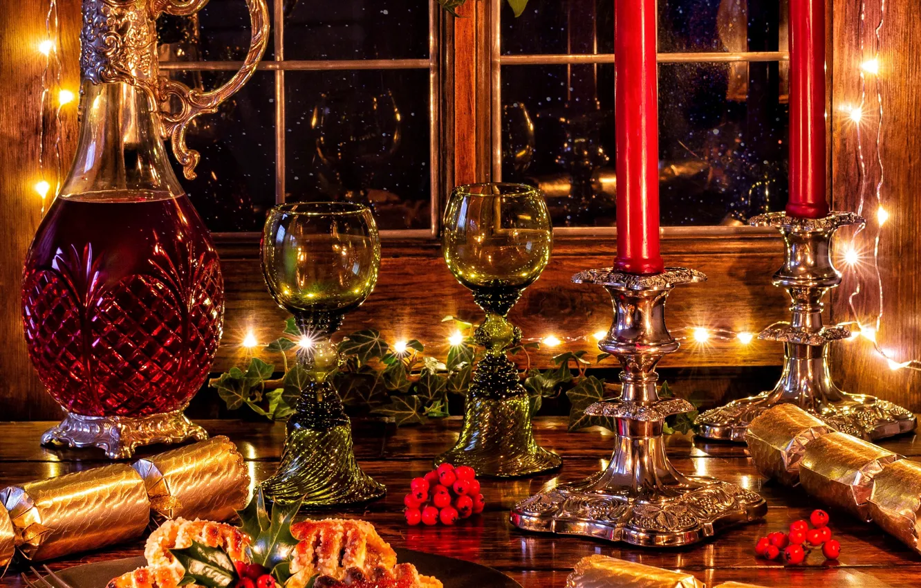 Photo wallpaper berries, wine, candles, glasses, window, Christmas, cake, cakes