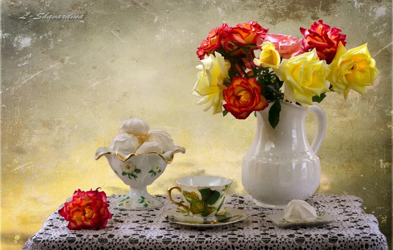 Photo wallpaper roses, marshmallows, lucet