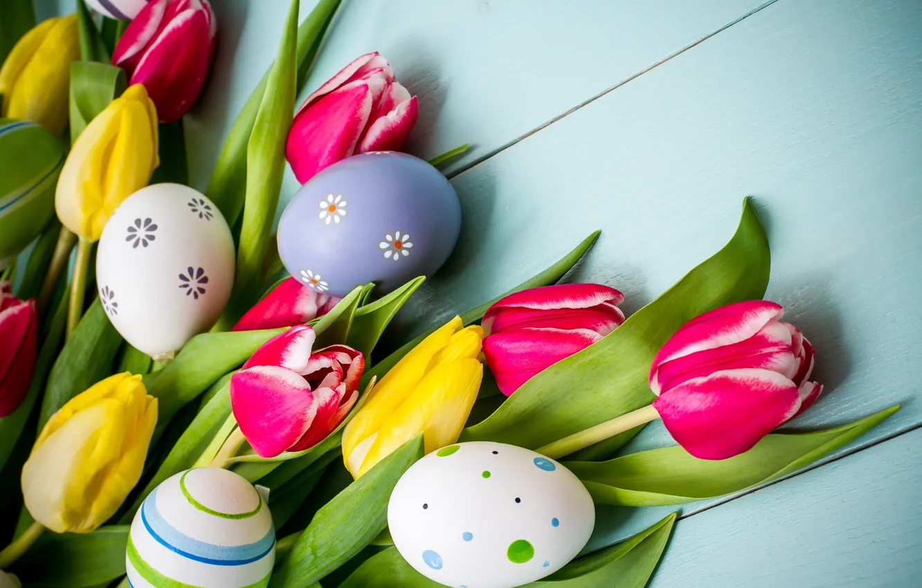 Photo wallpaper flowers, spring, colorful, Easter, tulips, wood, flowers, tulips
