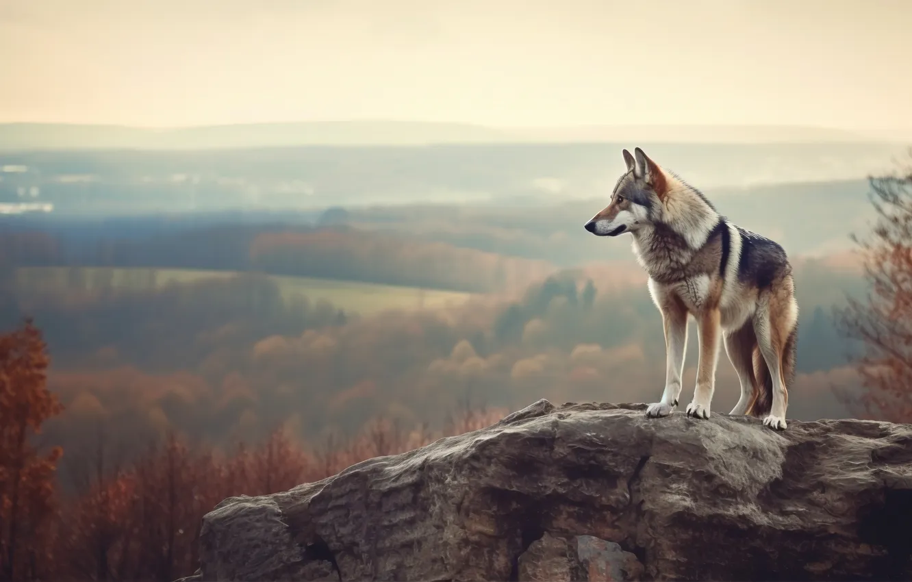 Photo wallpaper forest, trees, wolf, predator, digital art, AI art, The Art of Artificial Intelligence, neural network