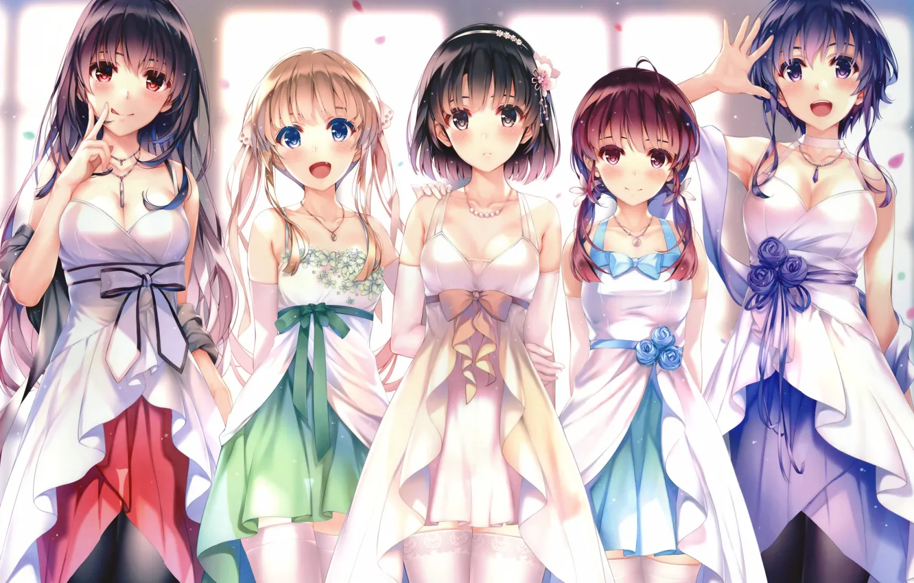 Photo wallpaper sexy, cleavage, thighhighs, long hair, dress, girls, brown hair, brown eyes